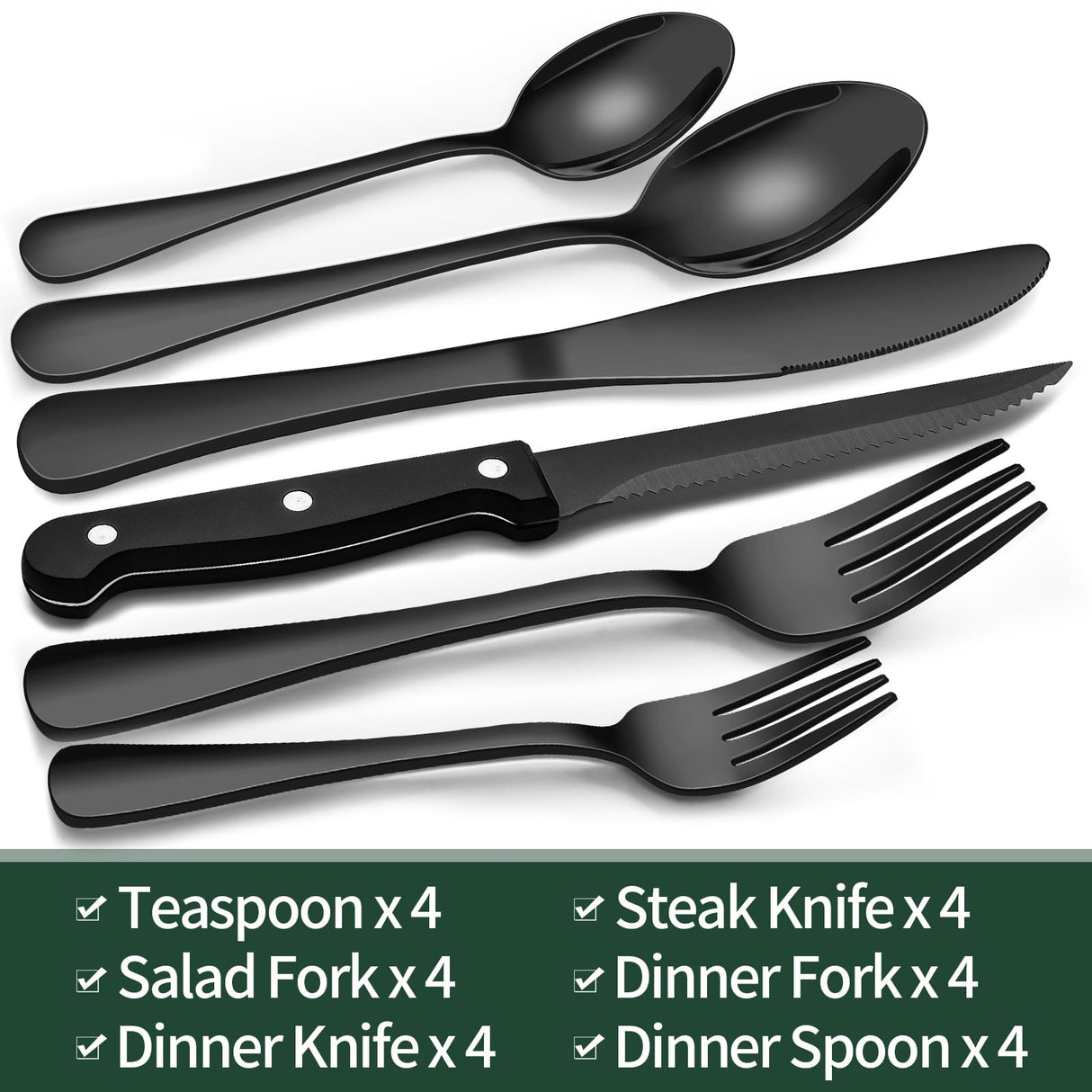 24-Piece Black Silverware Set with Steak Knives, Black Flatware Set for 4, Food-Grade Stainless Steel Tableware Cutlery Set, Mirror Finished Utensil Sets for Home Restaurant EWFEN