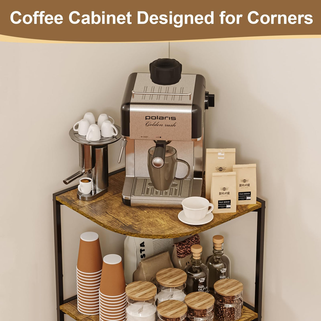 keomaisyto Coffee Bar Cabinet, 3-Tier Corner Coffee Stand with Storage Shelf & 16.34" Countertop, Rustic Wood Coffee Bar Station with Adjustable Feet for Kitchen/Entrance/Living Room/Dining Room keomaisyto