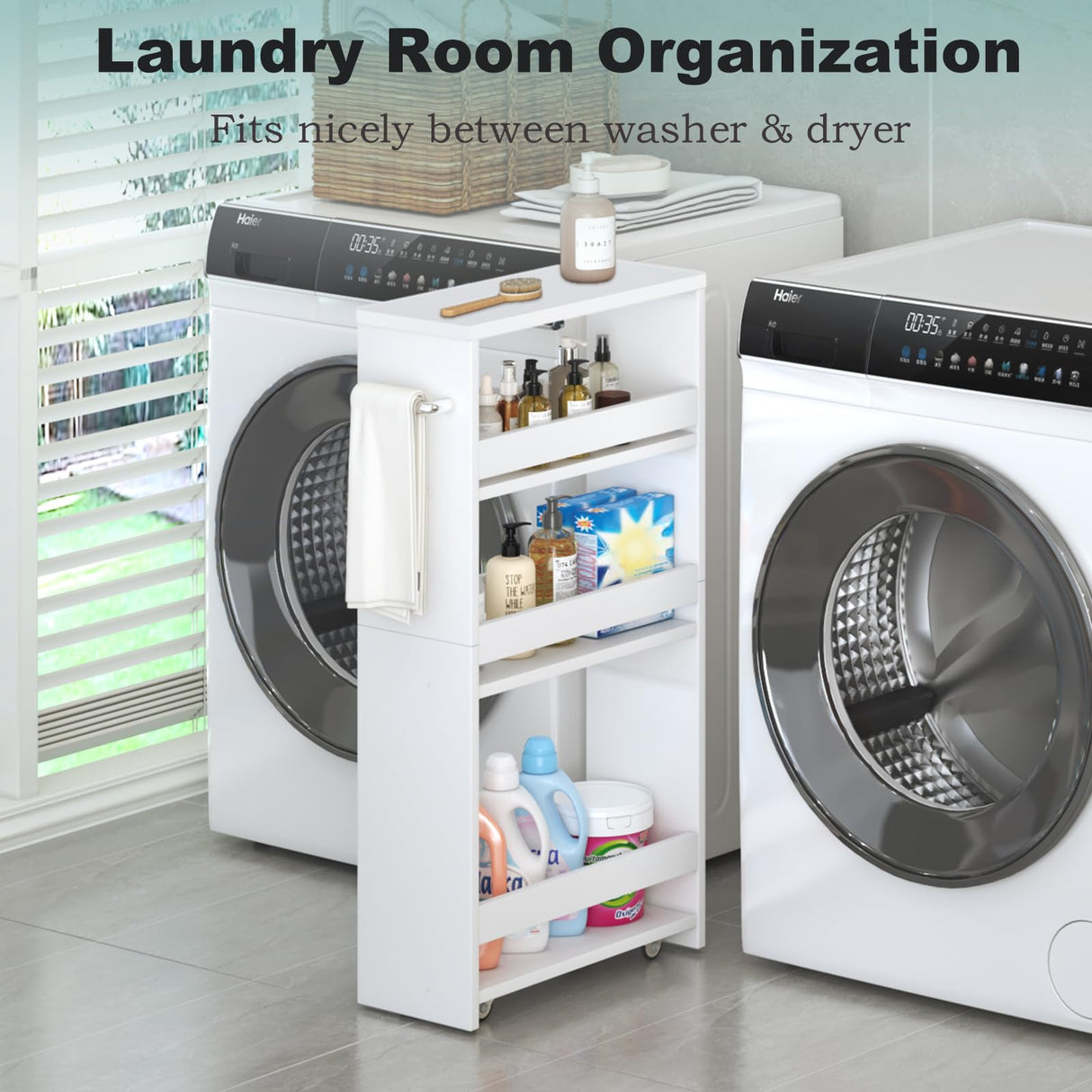 MARTY White Slim Storage Cart with Wheels, 4 Tier Rolling Utility Cart with Handle Slide Out Shelving Unit Organizer Trolley for Laundry Kitchen Bathroom Narrow Places Small Corner MARTY