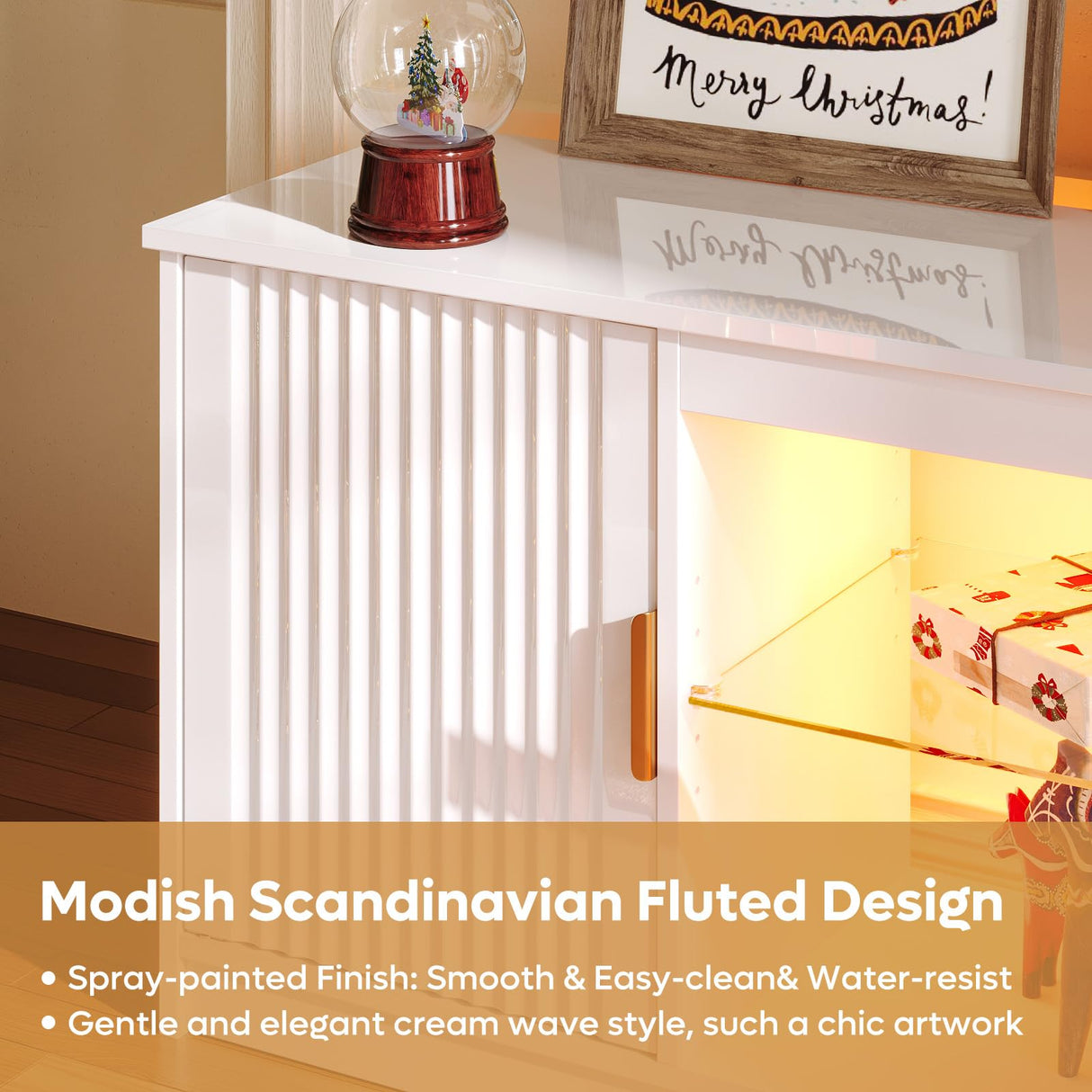 Bestier LED TV Stand for 55/60/65 Inch TV, Gaming Entertainment Center with Cabinet for PS5, Xbox, Fluted TV Console with Adjustable Glass Shelves for Living Room, Bedroom 57 Inch,Bright White Bestier