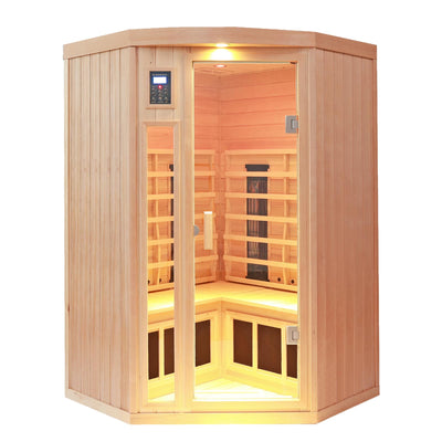 KUNSANA Ceramic Infrared Sauna 2 Person Far Infrared Sauna Low EMF Indoor Saunas for Home Hemlock Wooden Sauna Room with Bluetooth Speakers, LED Reading Lamps, Chromotherapy Lights