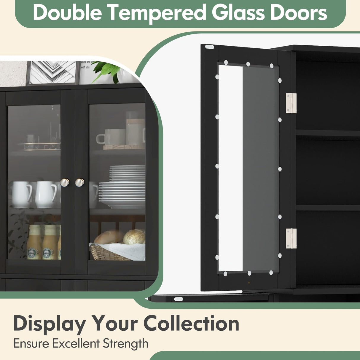 Giantex 63.5" Pantry Organizers and Storage, Freestanding Tall Storage Cabinet for Kitchen Bathroom Living Room Office, Wooden Utility Cupboard with Glass Doors & Shelves, 12.5"x24"x63.5" (Black) Giantex