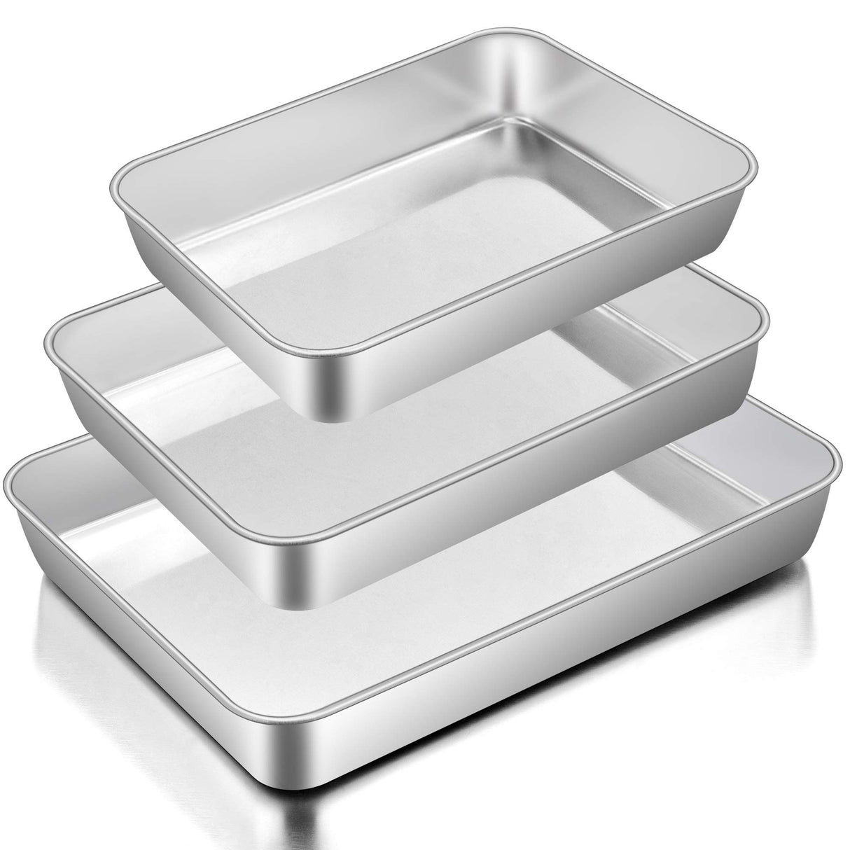E-far Baking Pans Set of 3, Stainless Steel Sheet Cake Pan for Oven - 12.5/10.5/9.4Inch, Rectangle Bakeware Set for Cake Lasagna Brownie Casserole Cookie, Non-toxic & Healthy, Dishwasher Safe E-far