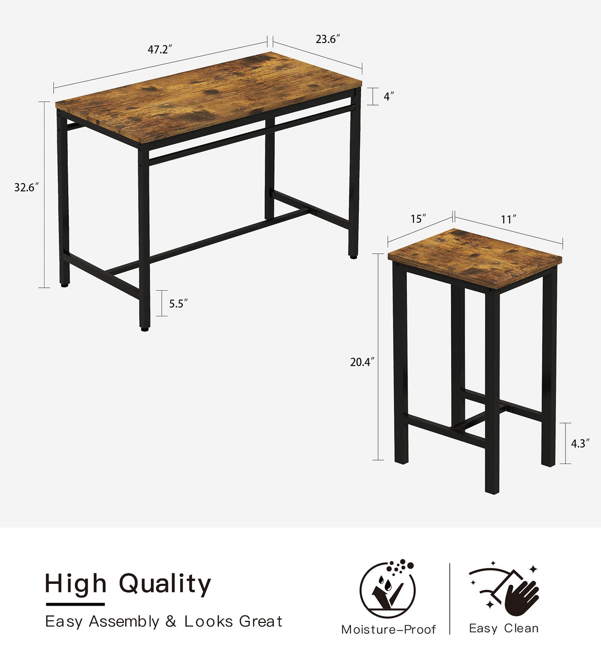 MIERES 5-Piece Rustic Brown Dining Table Set for 4 with Sturdy Metal Frame MIERES