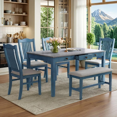 LUMISOL 6-Piece Wooden Dining Set, Farmhouse Kitchen Table Set with 4 Upholstered Chairs, Bench and Storage Drawers for Kitchen, Dining Room, Living Room, Antique Blue