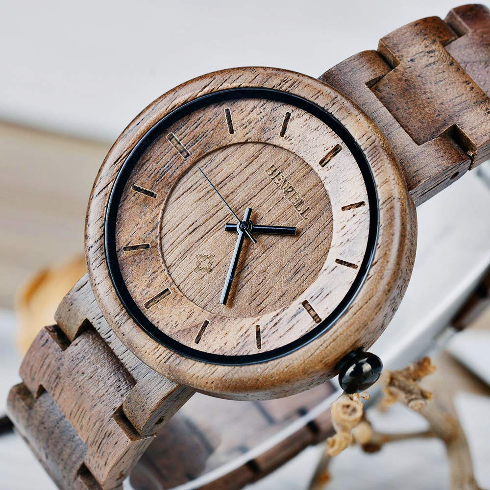 BEWELL Men/Womens Wooden Watch,Natural Handmade Minimalist Adjustable Wood Quartz Wristwatch BEWELL