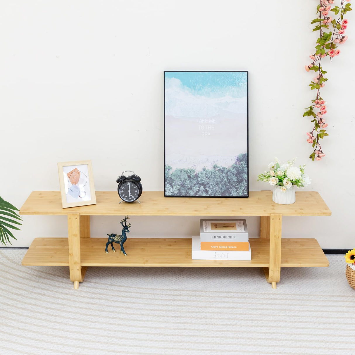 HollyHOME Bamboo TV Stand with Storage for TVs up to 65'', Modern Entertainment Center with 2 Open Shelf, Accent TV Media Console Table for Living Room, Bedroom, 55"(L), Burlywood HollyHOME