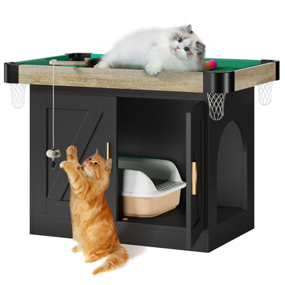 Homiflex Cat Litter Box Enclosure, Wooden Litter Box Furniture with Game Area, Cat Washroom with Barn Door, Indoor Pet House, Fit Most of Litter Box, Black