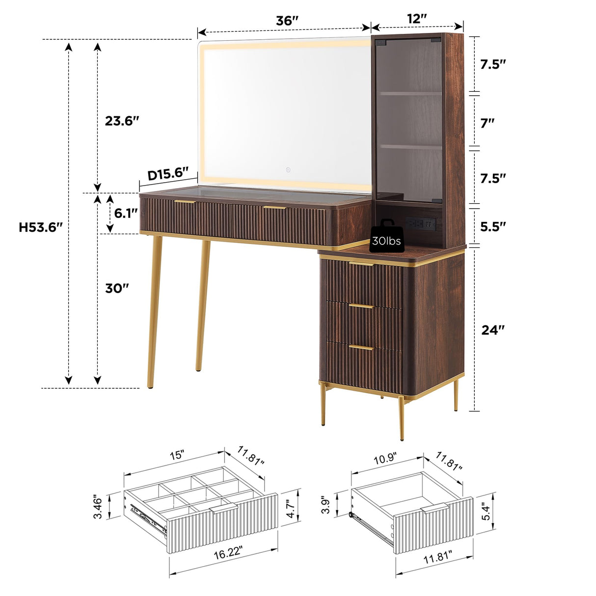 T4TREAM Fluted Makeup Vanity Desk with 36" HD Lighted Mirror, 48" Big Modern Vanity Desk with Mirror and Lights, Dressing Table with 5 Drawers & Shelves, Glass Top for Bedroom (Dark Walnut) T4TREAM
