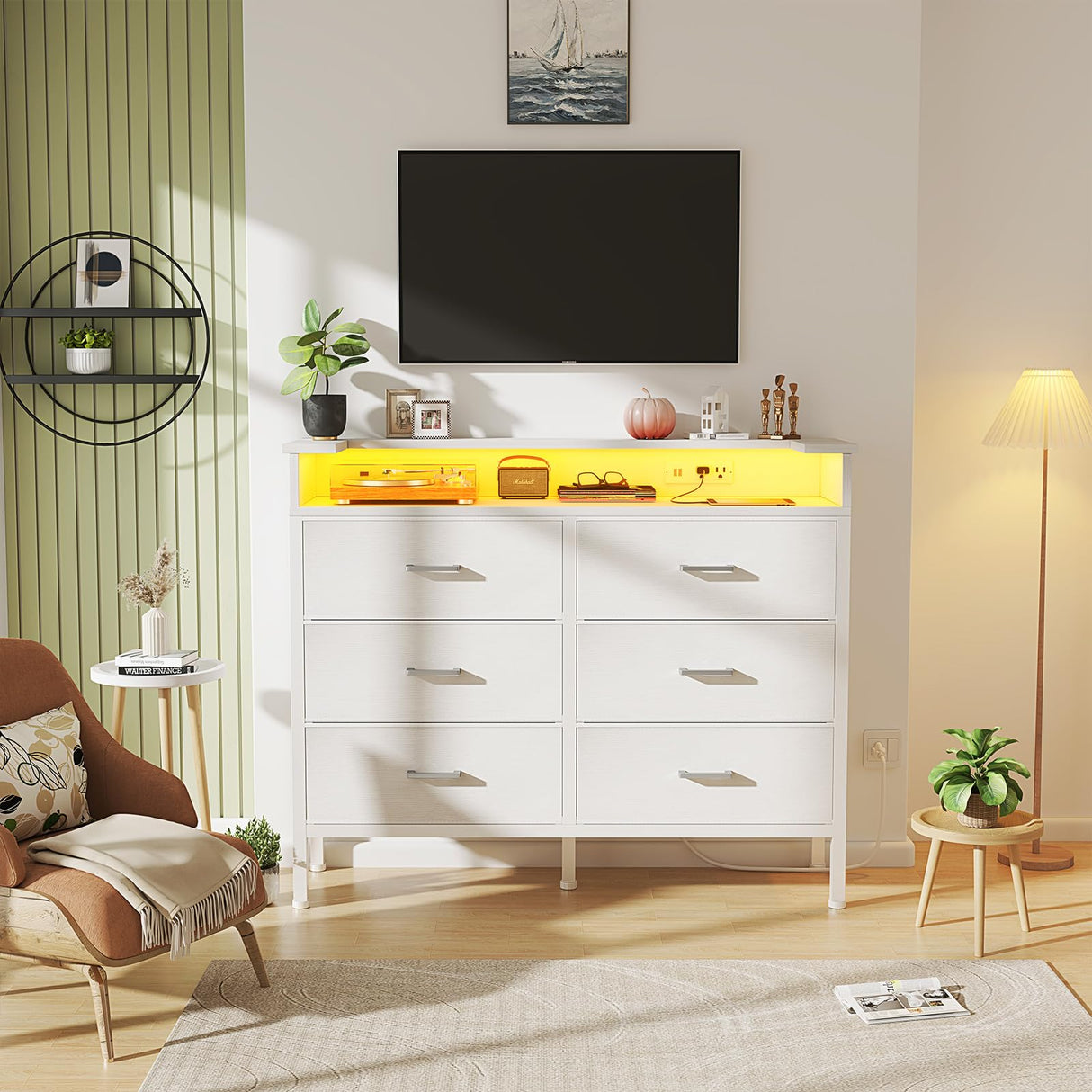 BOLUO White Dresser with LED Light and Charging Station for Bedroom 6 Drawer Dresser with USB Outlet, Dressers & Chests of Drawers Fabric Dresser for Closet Modern BOLUO