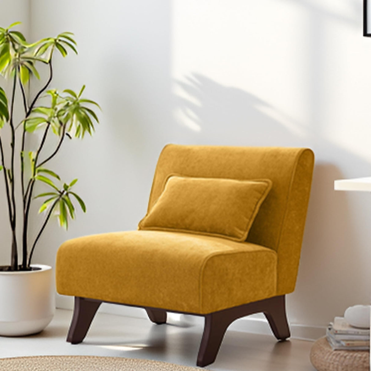 Upholstered Armless Accent Chair,Modern Comfy Living Room Chairs with Wooden Legs& Pillows,Lounge Sofa Side Chair for Bedroom Farmhouse Reading (Yellow, 1 PC) Womina