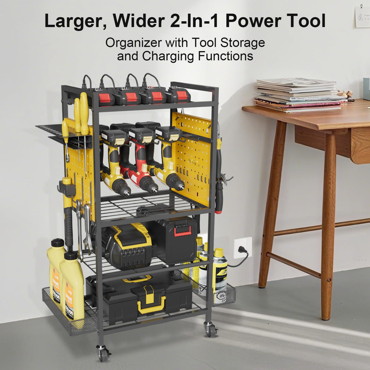Power Tool Organizer Cart with Charging Station, Heavy Duty Garage Tool Organizer Rolling Tool Battery Storage with 8-Outlet Power Strip, 4 Wheels, 2 Hanging Baskets, 8 Hooks, Drill Bit Holder, Yellow NEYCIL