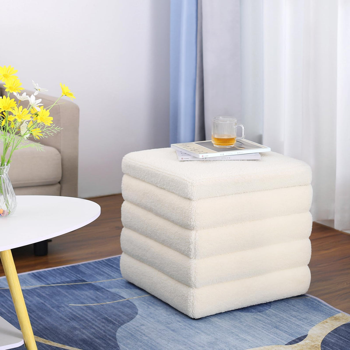OuchTek Teddy Square Ottoman White Small Storage Ottoman Cube Ottoman for Living Room Sherpa Foot Stool Boucle Vanity Stool with Storage OuchTek