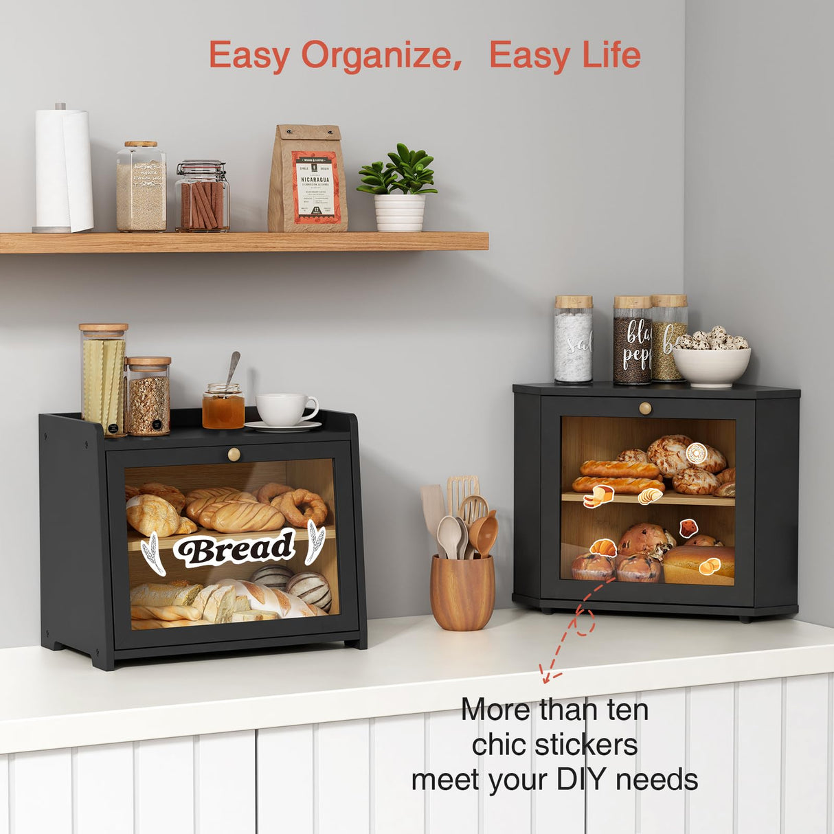 Goozii Corner Bread Box for Kitchen Countertop, Black Bread Storage Container for Homemade Bread, Two Layer Breadbox under Cabinet Mount, Large Bread Holder for Kitchen Counter, Panry Shelf Goozii