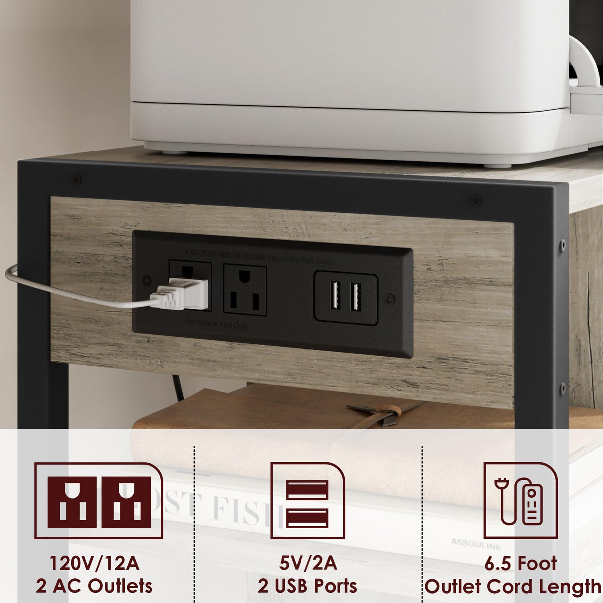 Amyove Printer Stand with Charging Station, Home Office Desktop Printer Stand with Storage, Under Desk Printer Table, 3 Tier Heavy Duty Rolling Printer Cart with Wheels for Small Space, Rustic Grey Amyove