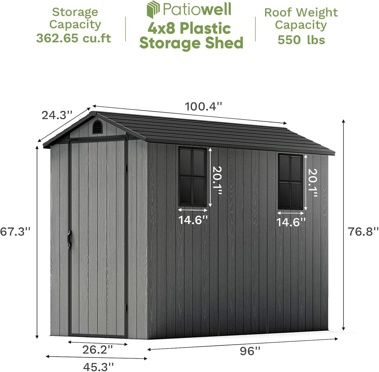 Patiowell 4x8 FT Outdoor Storage Shed with Floor & Windows, Lockable Resin Tool Shed for Garden, Backyard, Patio, and Lawn Equipment - Easy Assembly, All-Weather Protection, Gray (Fit-it Shed) Patiowell