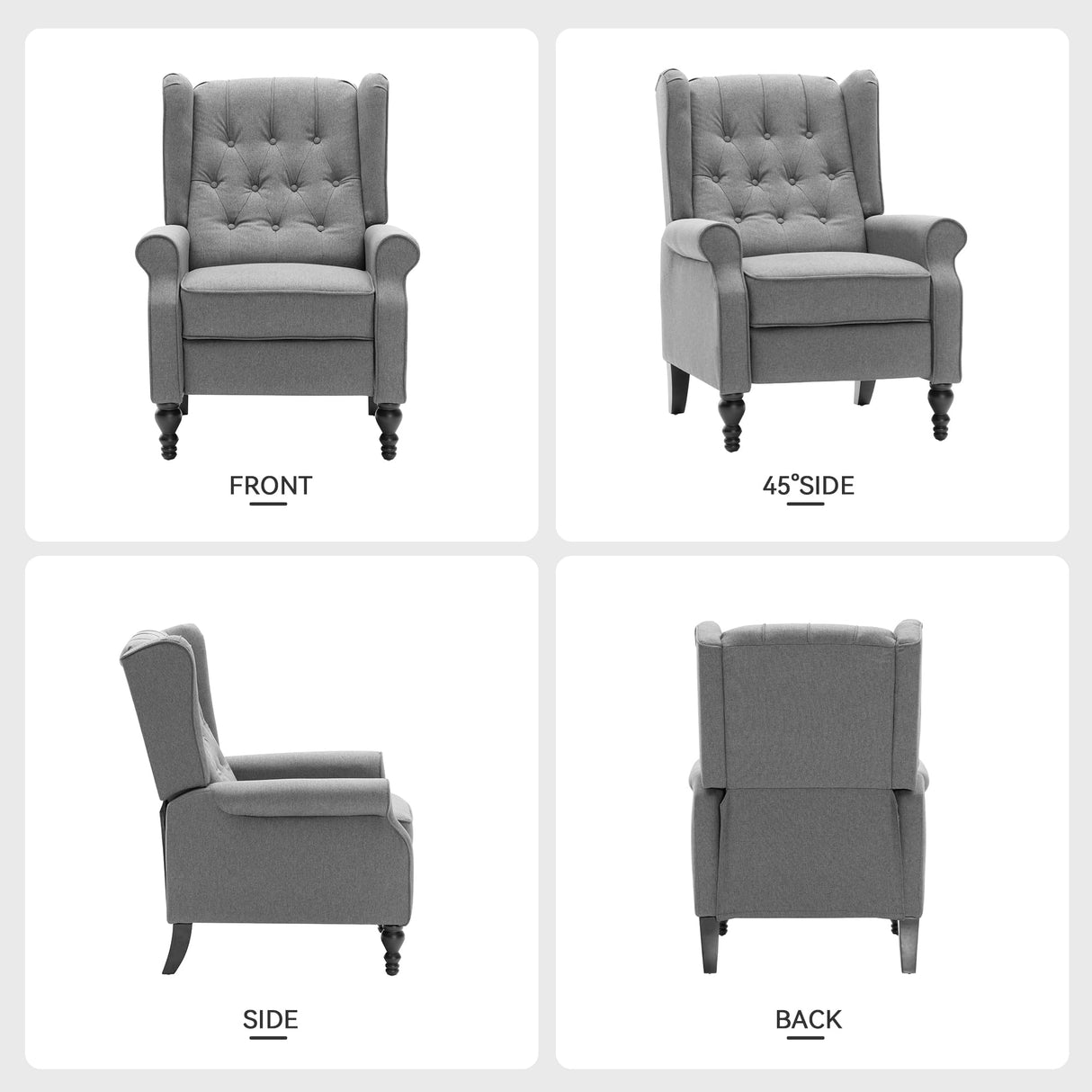 Mid Century Wingback Recliner Chair for Adults, Modern Linen Fabric Push Back Recliner Chairs with Button Tufted Upholstered Back & Footrest, Manual Recliner Chais for Living Room, Nursery, Gray BALIAA