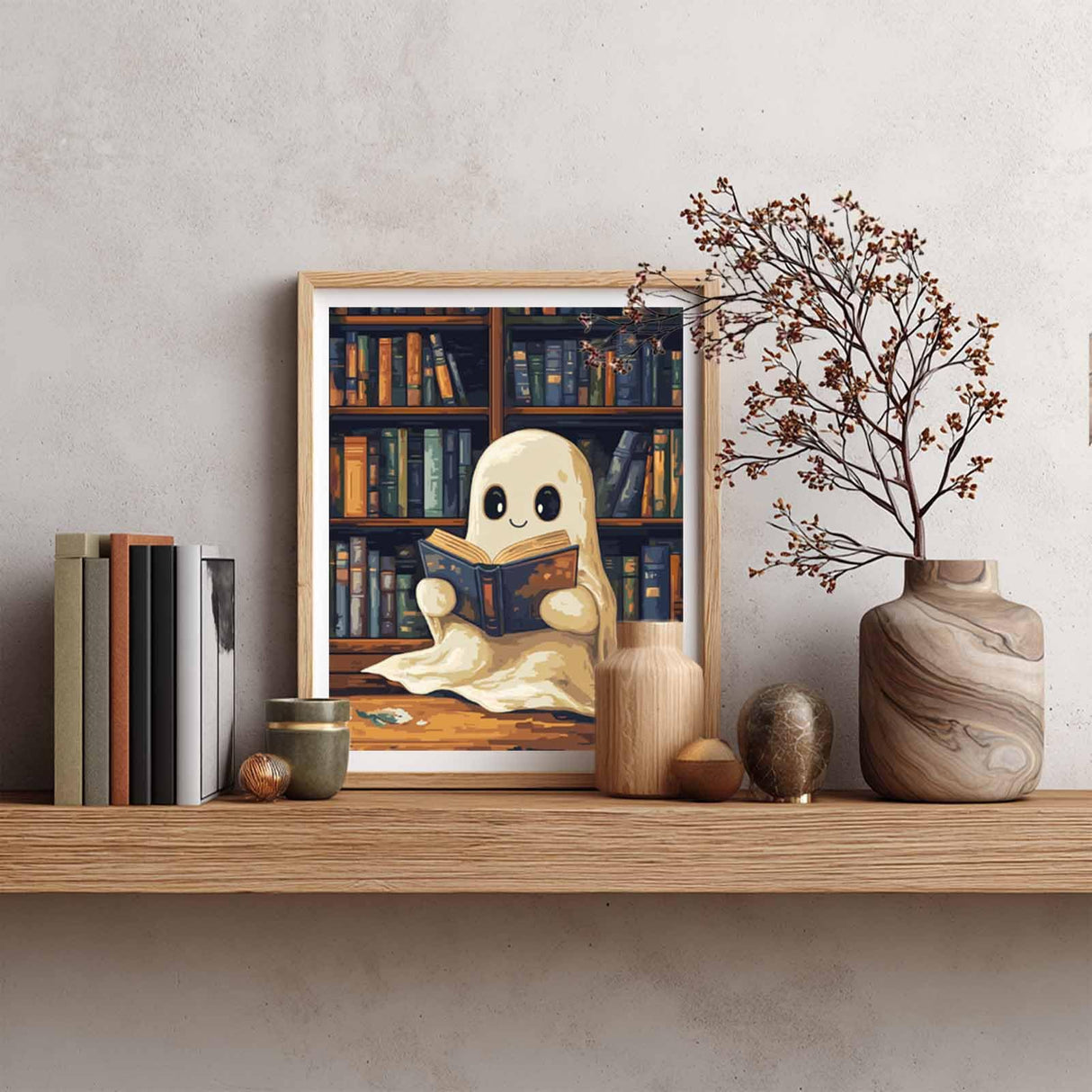 Ghost Reading a Book Paint by Number for Library Decor, Halloween Paint by Numbers Kit for Adults, Cute Ghosts Reading Acrylic Painting for Holiday Gift, Home Reading Room Decor(16x20inch, No Frame) Cawpom