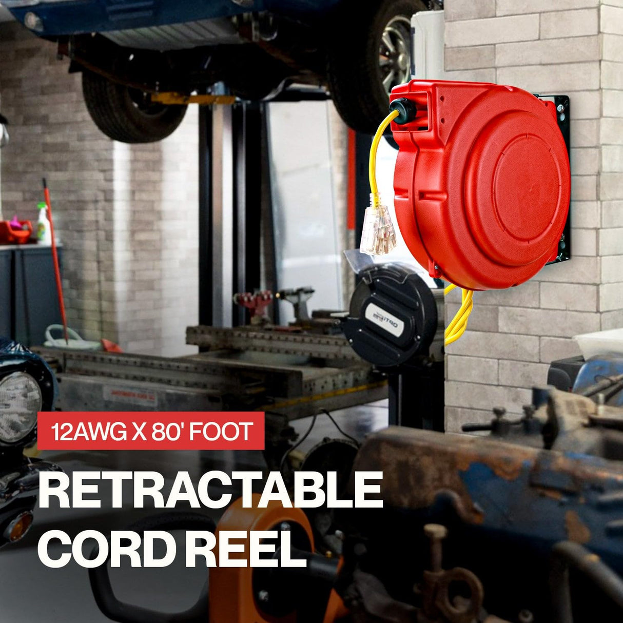 ReelWorks Extension Cord Reel Retractable Longest Industrial 12awg x 80' Foot Commercial Premium Grade Ultra Flexible 3C/SJTOW Glow Strip Cable and Led Light Up Triple Tap Connector Use Indoor/Outdoor ReelWORKS