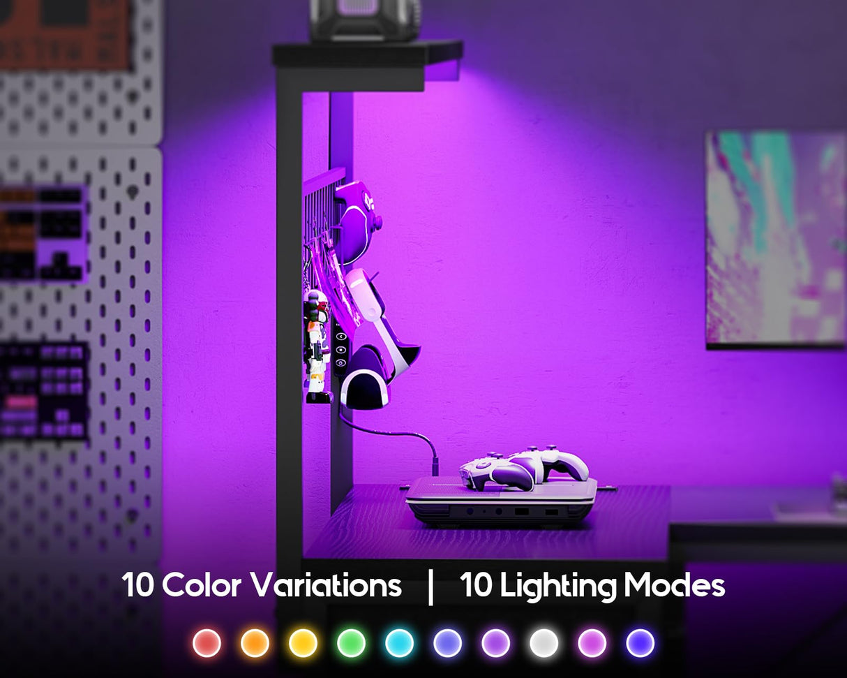 MOTPK L Shaped Gaming Desk with Shelf & 4 Drawers, 43" Reversible Computer Desk with LED Light, Home Office Table with Hutch and Hook, Black MOTPK