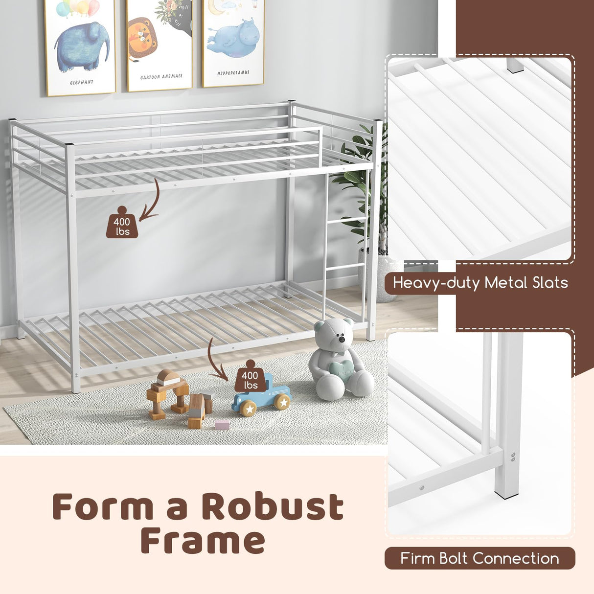 Giantex White Twin Over Twin Metal Bunk Beds, Heavy Duty Bed Frame with Safety Guard Rail & Ladder, Low Floor Bunk Bed for Boys Girls Adults Dormitory Bedroom, Noise Free, No Box Spring Needed Giantex