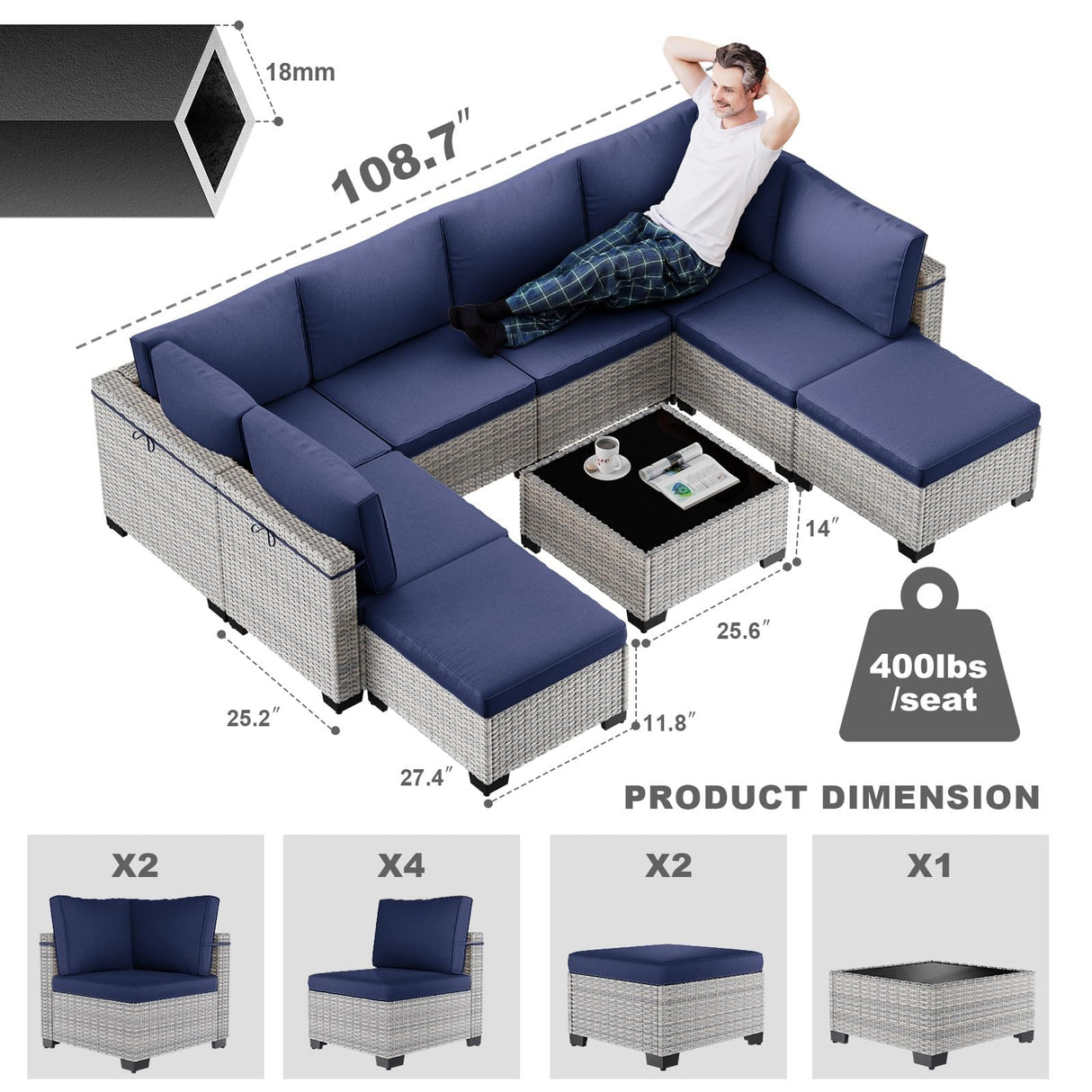 Sweecci 9-Piece Patio Furniture Set, Outdoor Sectional with Ottomans, Modular Patio Sofa, Dual-Strand Wicker Rattan, Rust-Resistant Frame, Backyard Furniture for Garden, Deck, Navy Blue Sweecci