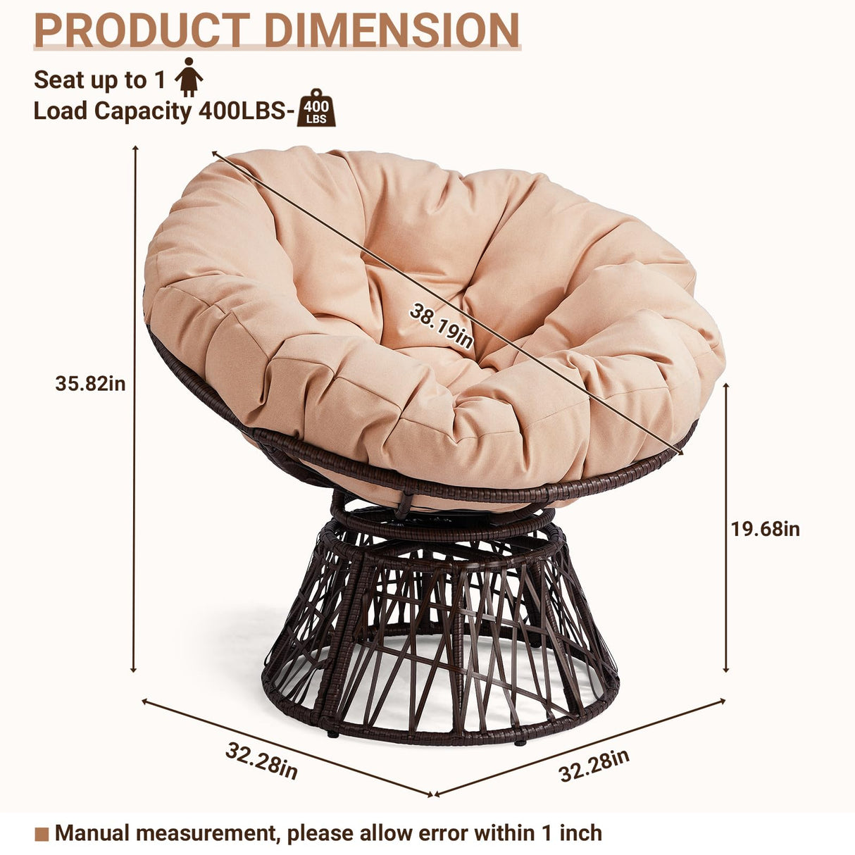 VINGLI 38” Outdoor Wicker Papasan Chair with Cushion, 360-Degree Swivel Egg Chair Patio Papasan Chairs Lounge Chair for Balcony, Yard, Porch (Brown) VINGLI