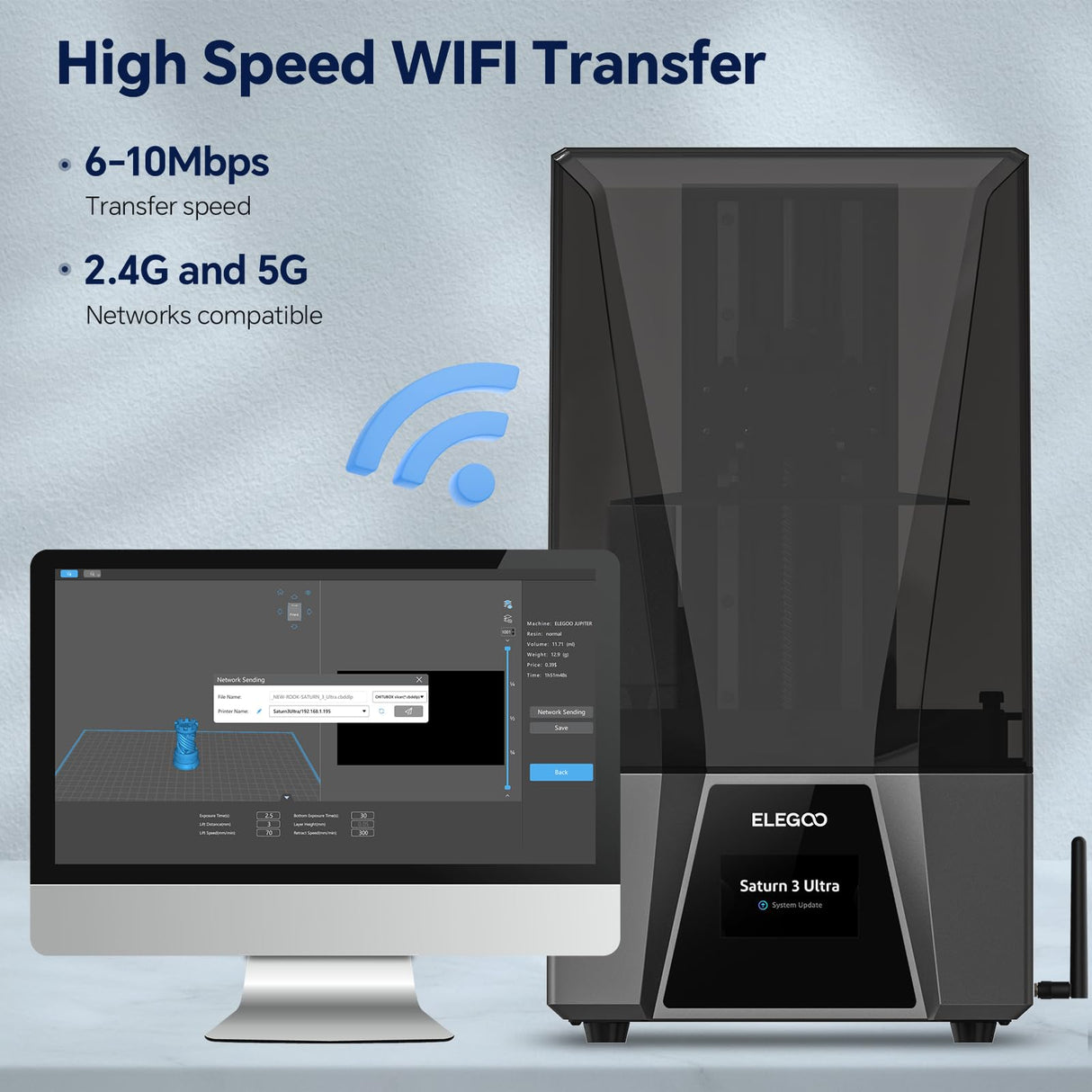 ELEGOO Saturn 3 Ultra 12K MSLA 3D Printer with 10" Monochrome LCD COB Refractive Light Source ACF Release Film WiFi Transfer Printing Size 218.88mm*122.88mm*260mm ELEGOO