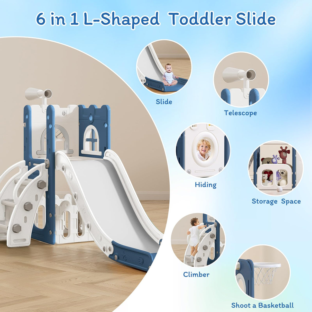 LulliSpace 6 in 1 Toddler Slide for Toddler Age 1-3,Kids Climber Slider for Indoor Outdoor Playground with Basketball Hoop,Storage and Telescope,L Shaped Slide for Toddler Climber Playset LulliSpace