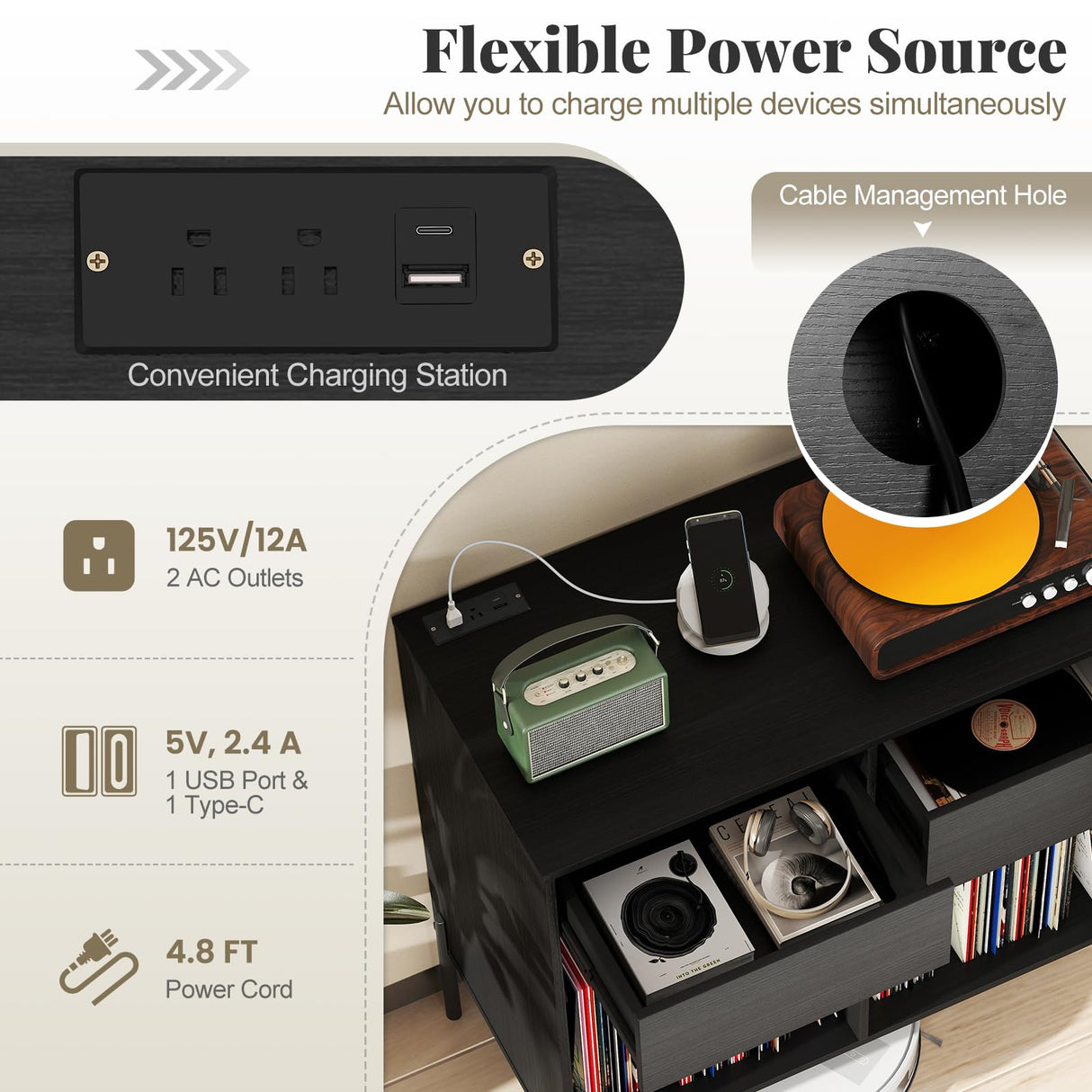 Giantex Large Record Player Stand with Charging Station, Mid Century Wood Turntable Stand with 2 Storage Drawers & Compartments, Vinyl Record Storage for Living Room (Black) Giantex