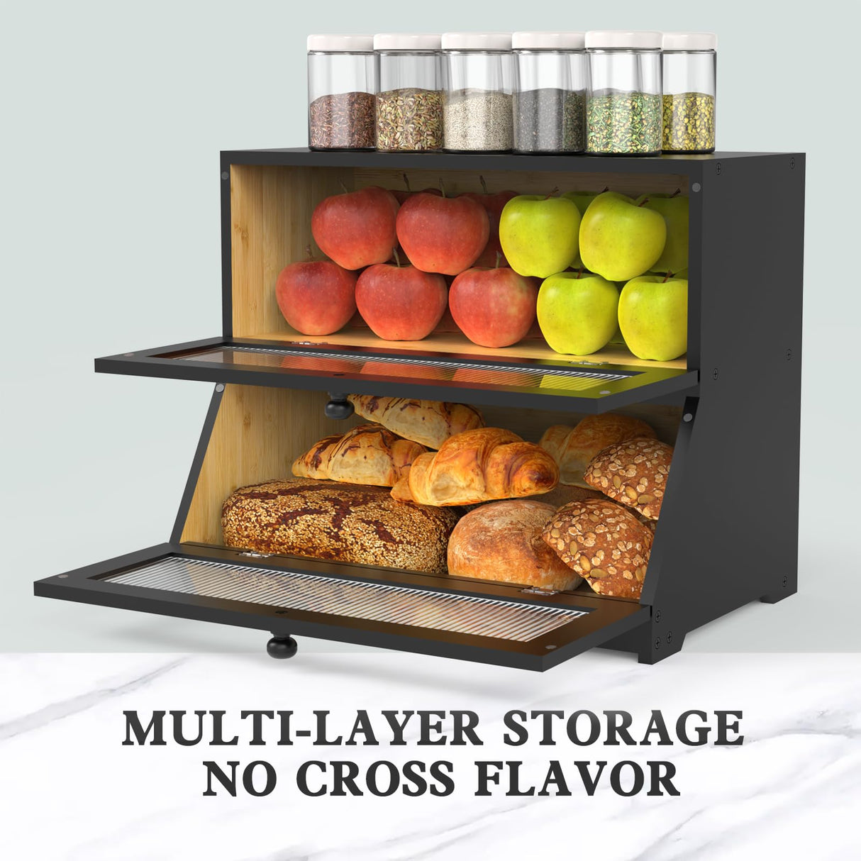 LOHASOK Double Layer Bamboo Bread Box for Kitchen Counter-Large Capacity Bread Storage Container Farmhouse Bread Box with Window Bread Holder (Black) LOHASOK