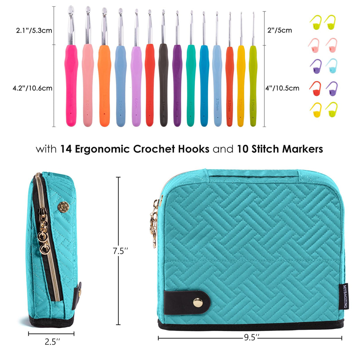 MYBAGZING Crochet Hook Case with 14 Size Crochet Hooks Set 2mm(B)-10mm(N) Ergonomic Crochet Hooks with Crochet Case Stand Up - Crochet Hook Organize for Crochet Lovers, Crochet Kit for Beginners MYBAGZING