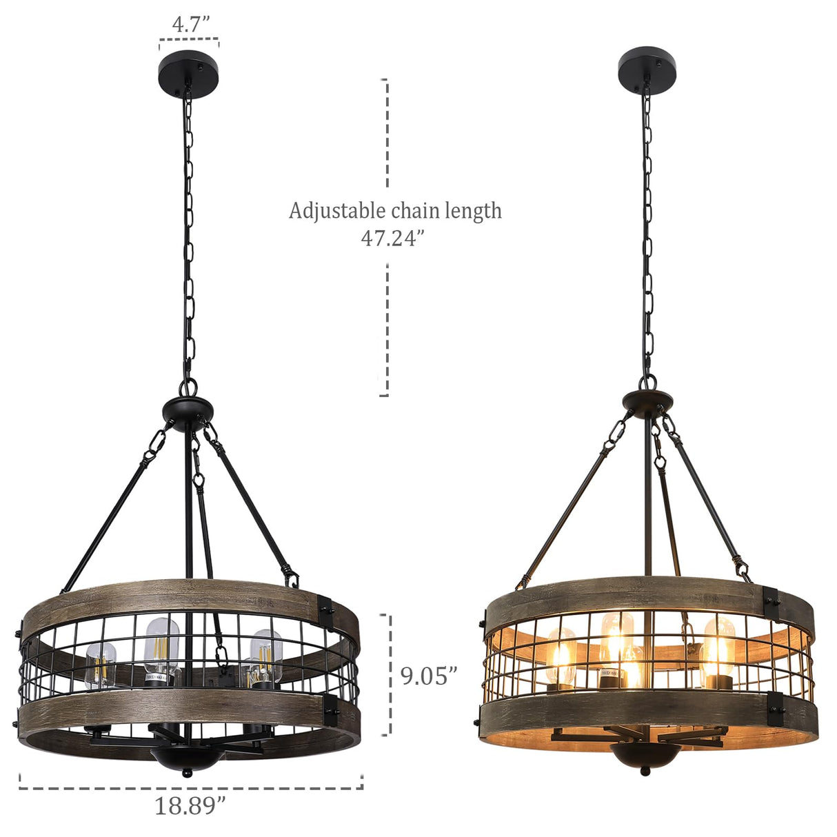 LamQee 5-Lights Rustic Farmhouse Chandeliers for Dining Room Over Table Wood and Metal Chandelier for Foyer Round Wooden Lights Fixture Large Drum Hanging Lighting Entryway Hallway Kitchen 18.9 Inch LamQee