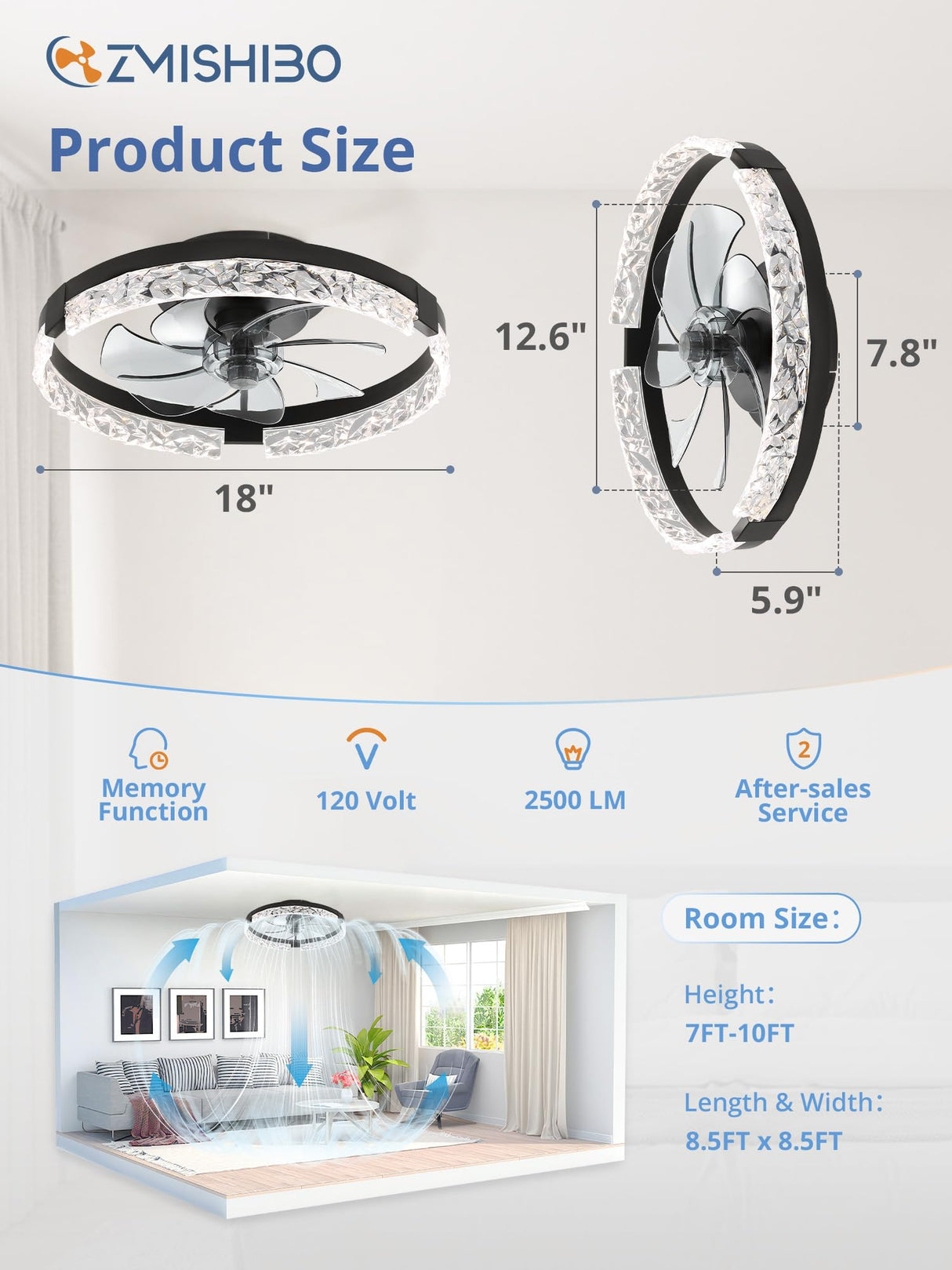 ZMISHIBO Ceiling Fans with Lights and Remote, 18 Inch Flush Mount Fan Light, 6 Speeds, 3CCT, Dimmable, Low Profile Ceiling Fan, Modern Ceiling Fan with Light for Bedroom and Living Room, Black ZMISHIBO