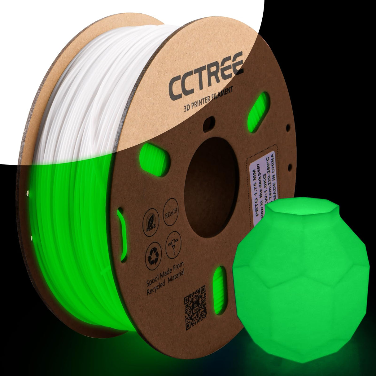 CCTREE High Speed Printing PETG Filament 1.75mm,3D Printer Filament 1KG Spool,Easy Print Filament Accuracy±0.03mm Glow in Dark Green CCTREE