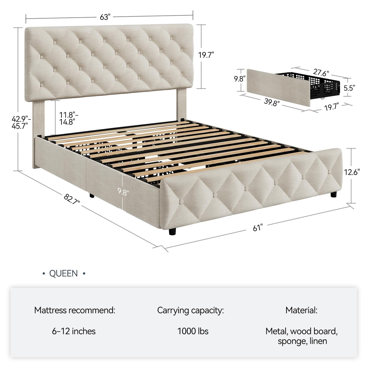 SLEKVERSA Queen Size Bed Frame with 4 Drawers and Headboard, Tufted Design, Linen Upholstered Platform Bed Frame, Wooden Slat, No Box Spring Need, Beige SLEKVERSA