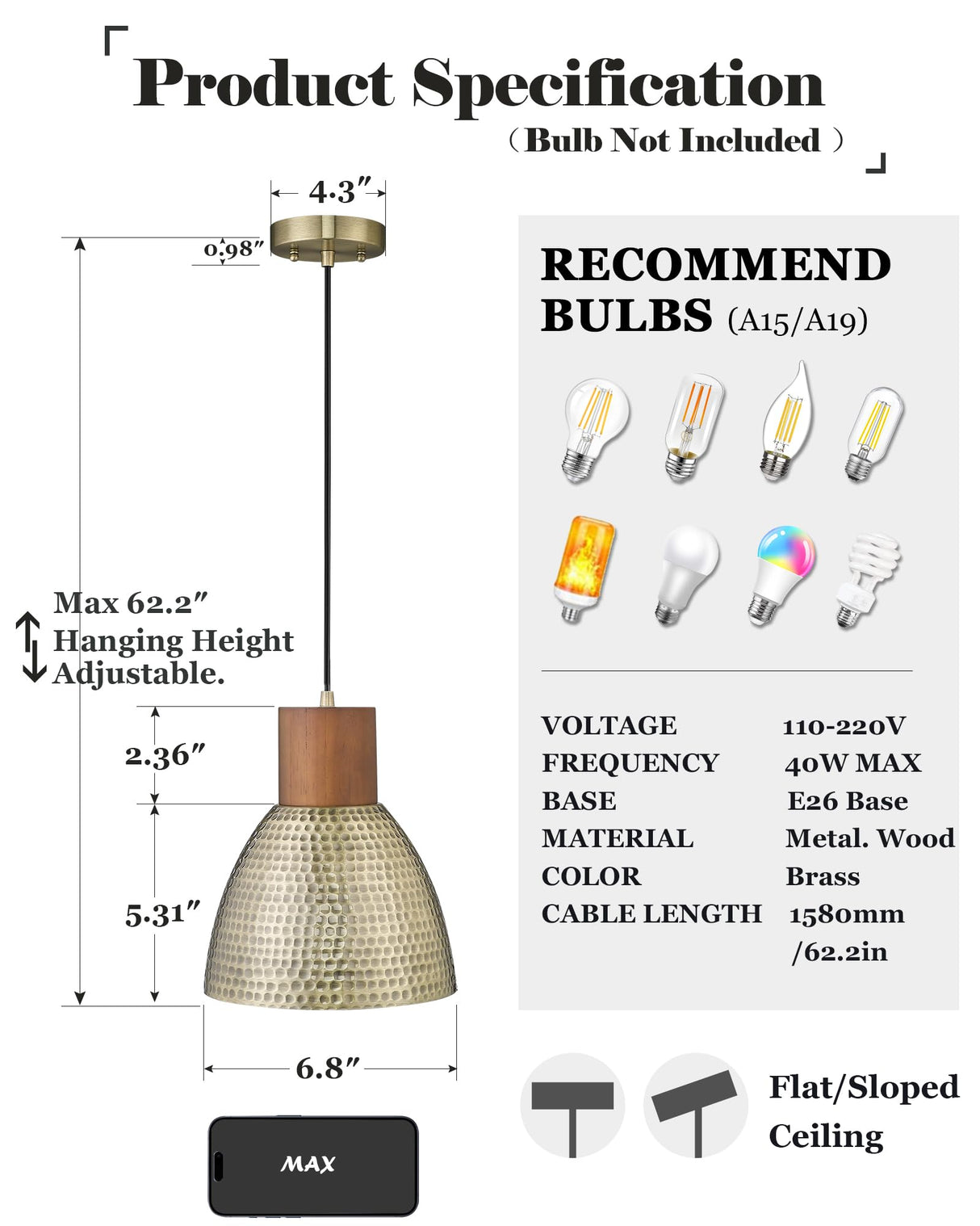 ELYONA Vintage Hammered Pendant Light Fixture, 7” Brushed Brass Metal Hanging Light Solid Wood Antique Gold Pendant Lamp for Kitchen Island, Farmhouse, Dining Room, Small, Adjustable Height ELYONA