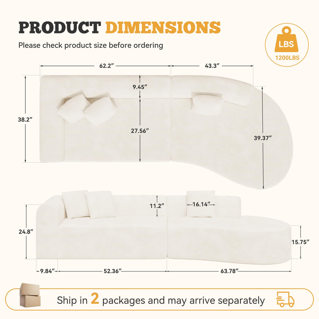 126" Oversized Modular Sectional Sofa, Modern Cloud Curved Couch with Deep Seat, Upholstered Corduroy Couches for Living Room, No Assembly Required, 1 PCS Off White Luxanimarion