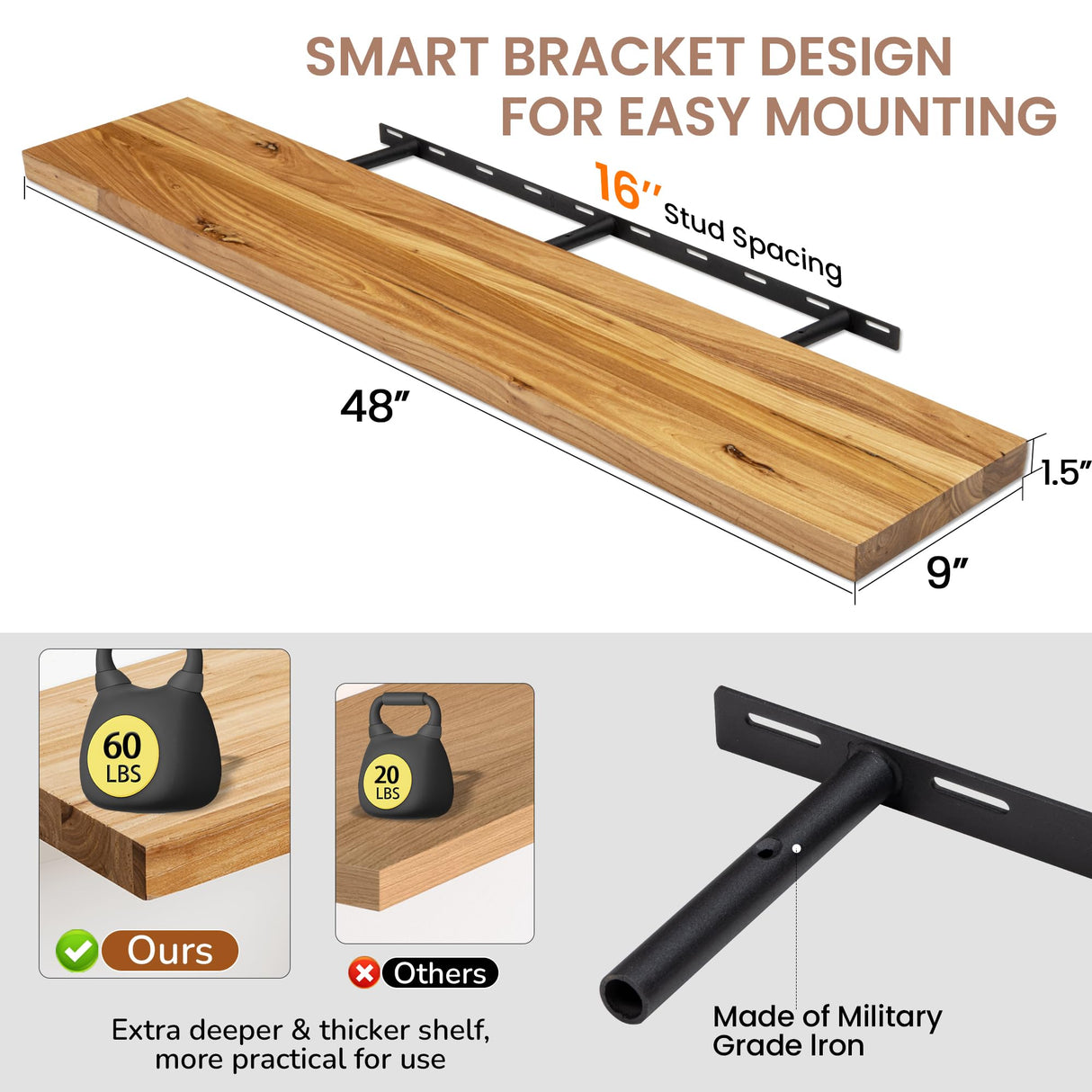 Fun Memories 48 Inch Floating Shelf, 9.3" Deep Solid Elm Fireplace Mantel Shelf, Rustic Wall-Mounted Display Shelves with Invisible Heavy-Duty Metal Bracket, Natural Fun Memories