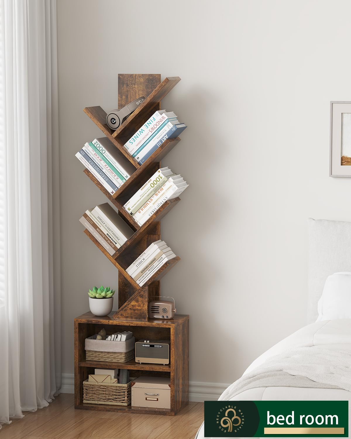 FFFlowerBBBook 6 Tier Tree Bookshelf,Small Bookcase with Storage Cabinet, Modern Tall Narrow Bookshelves Organizer, Floor Standing Book Shelf for Bedroom/Living Room/Home Office/CDs/Movies/Corner FFFlowerBBBook