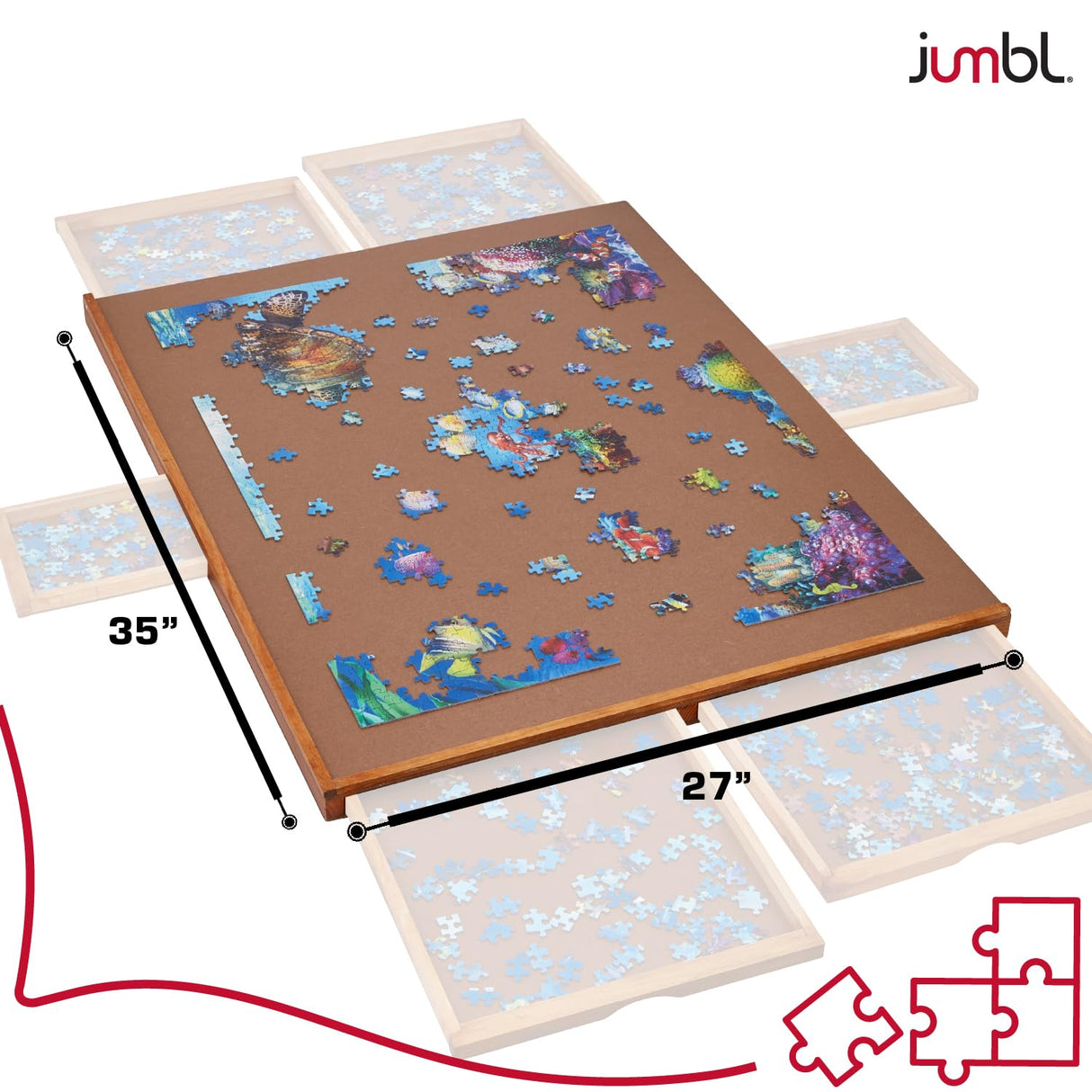 Jumbl 1500-Piece Puzzle Board | 27” x 35” Jigsaw Puzzle Table | 6 Removable Magnetic Sorting Drawers | Smooth Plateau Fiberboard Work Surface & Hardwood Construction | for Games & Puzzles Jumbl