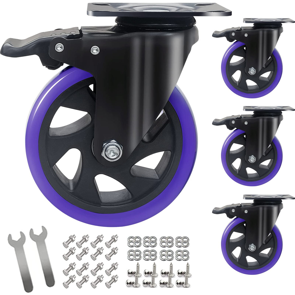 5 Inch Caster Wheels with Brake, Heavy Duty Casters Set of 4 2200lbs, Swivel Casters with Double Ball Bearings, Dual Locking Casters,Wheels for Cart,Furniture,Cabinets,Workbench (Two Hardware Kits Wieyunn