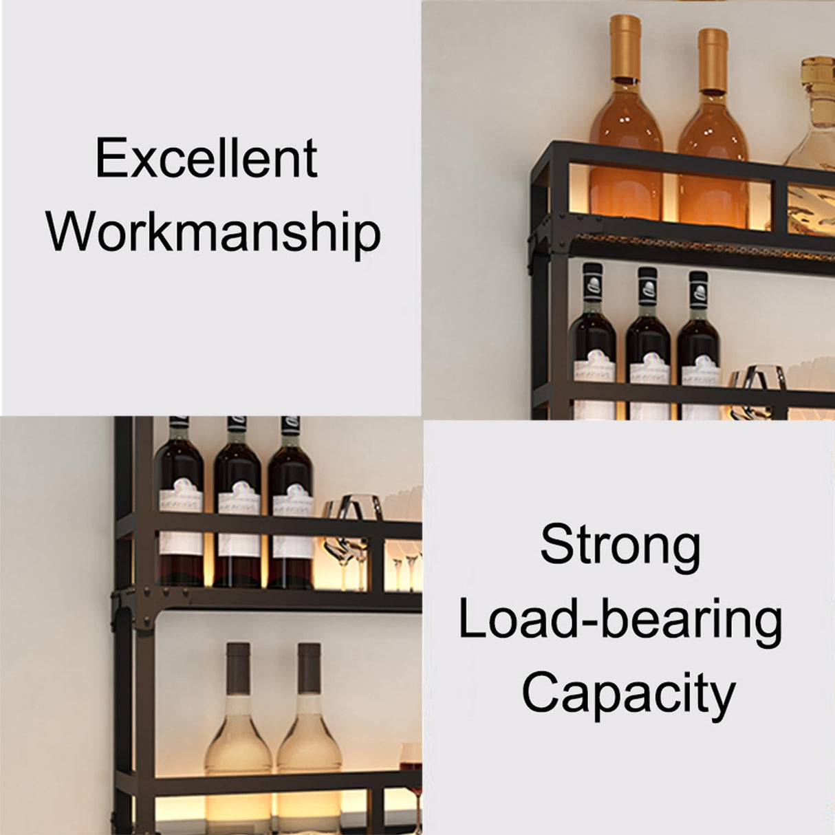 Wall Wine Rack Floating Bar Shelves Wall Mounted with LED Light Liquor Bottle Display Shelf with Hanging Wine Glass Rack Kitchen Wall Shelf Liquor Cabinet Bar Stand for Home Bar Cafe Restaurant(Gold,3 WXZXWXZX