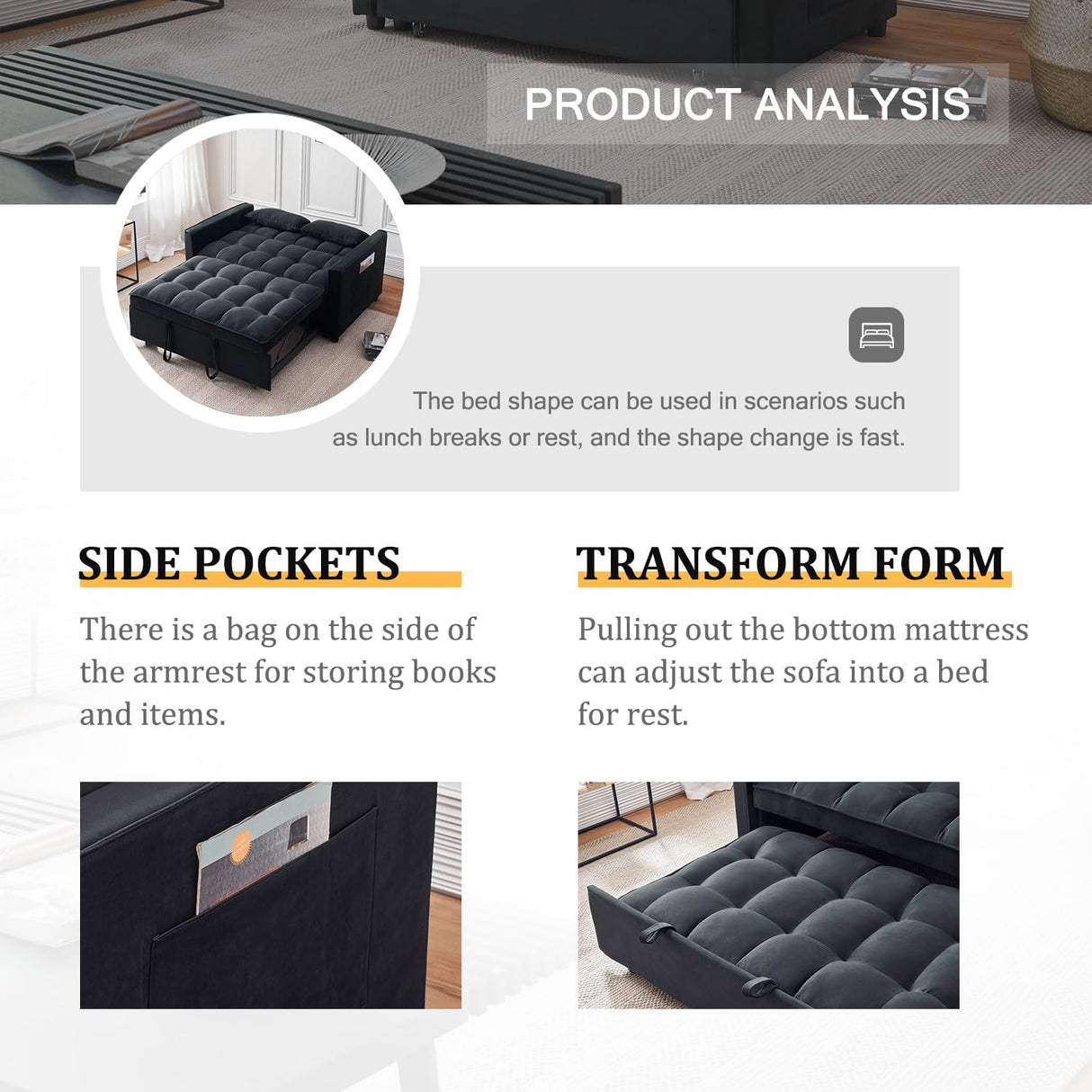 FENFSHE Futon Sofa Bed, Modern Velvet 3 in 1 Sleeper Sofa Couch Bed, Pullout Couch Bed with Adjustable Backrest, Storage Pockets and Toss Pillows for Living Room, Bedroom (Black) FENFSHE