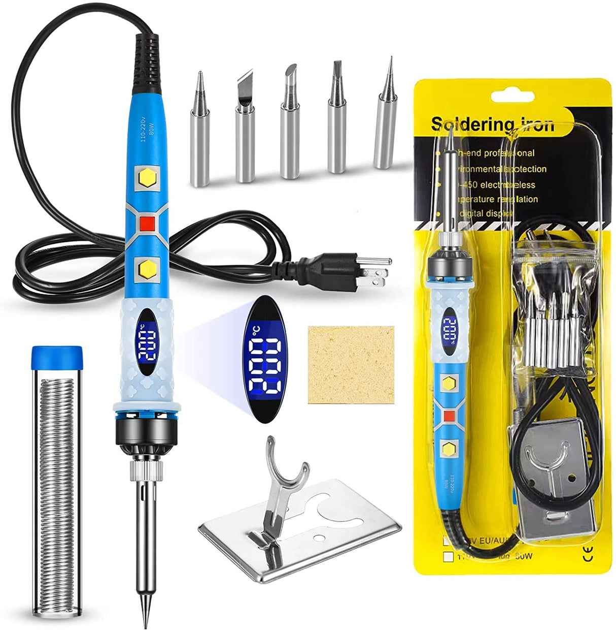 Electronics Soldering Iron Kit - 80W Digital LCD Solder Gun with ON/OFF Switch Adjustable Temperature Controlled and Fast Heating Thermostatic Design Welding Tool SREMTCH
