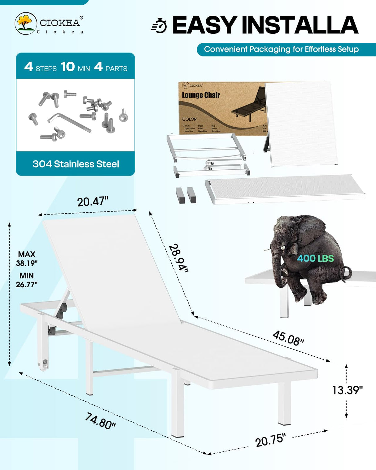 Aluminum Chaise Lounge Chair Outdoor with Wheels, Patio Lounge Chair with Adjustable 5-Position Recliner and Full Flat Tanning Chair for Patio, Beach, Pool, White Ciokea