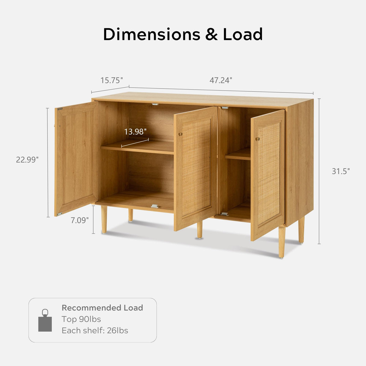 EYYTHUNG Rattan Storage Cabinet with 3 Doors, Boho Sideboard Buffet Cabinet Solid Wood Farmhouse Credenza Cabinet with Adjustable Shelves for Living Room Kitchen Entryway Hallway, Natural Oak EYYTHUNG