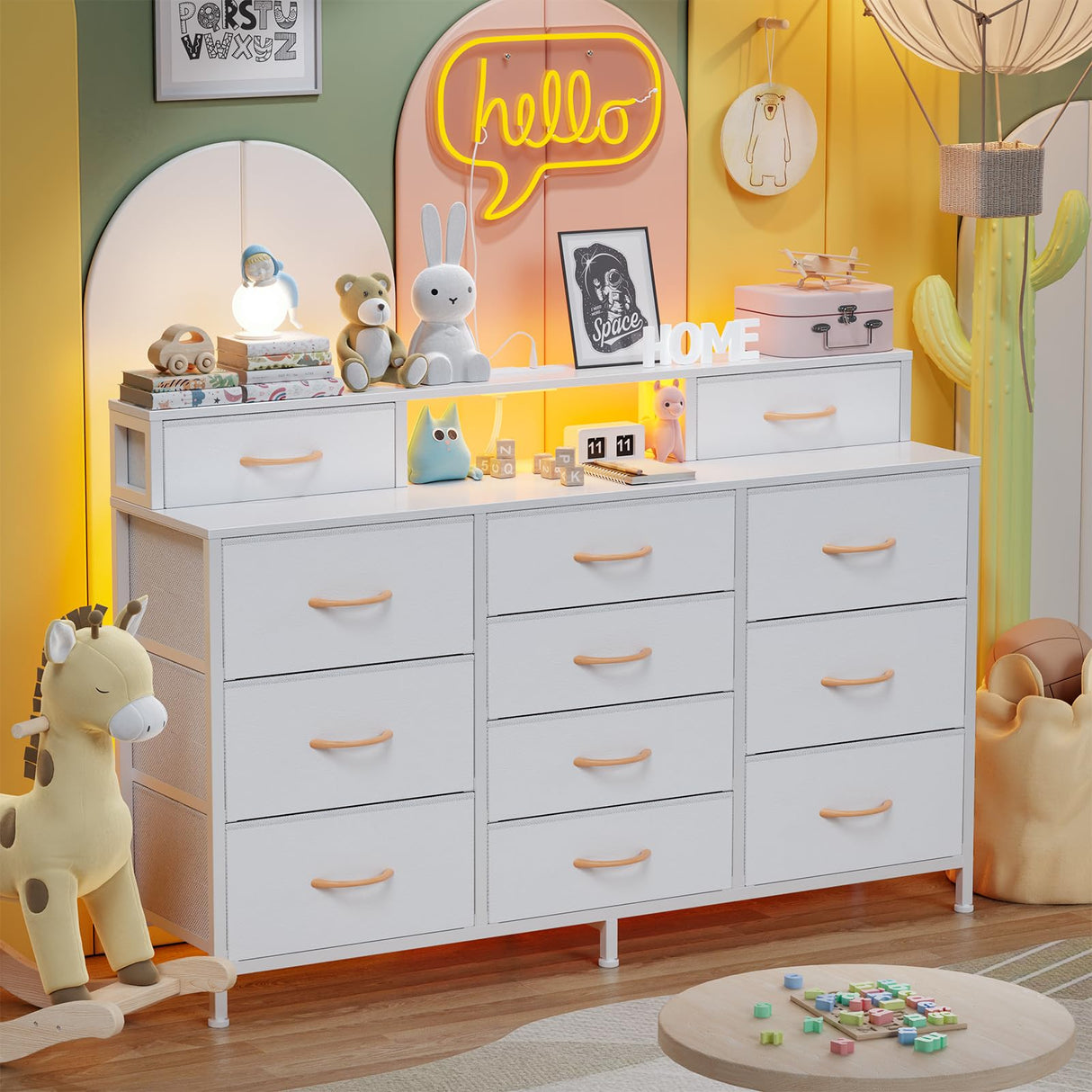 Furnulem White Dresser for Bedroom with LED Lights & Charging Station,55" Long Dressers & Chest of Drawers with 12 Storage Bins, Fabric Furniture for Closet,Hallway,2-Tier Shelf Wood Top,Metal Frame Furnulem