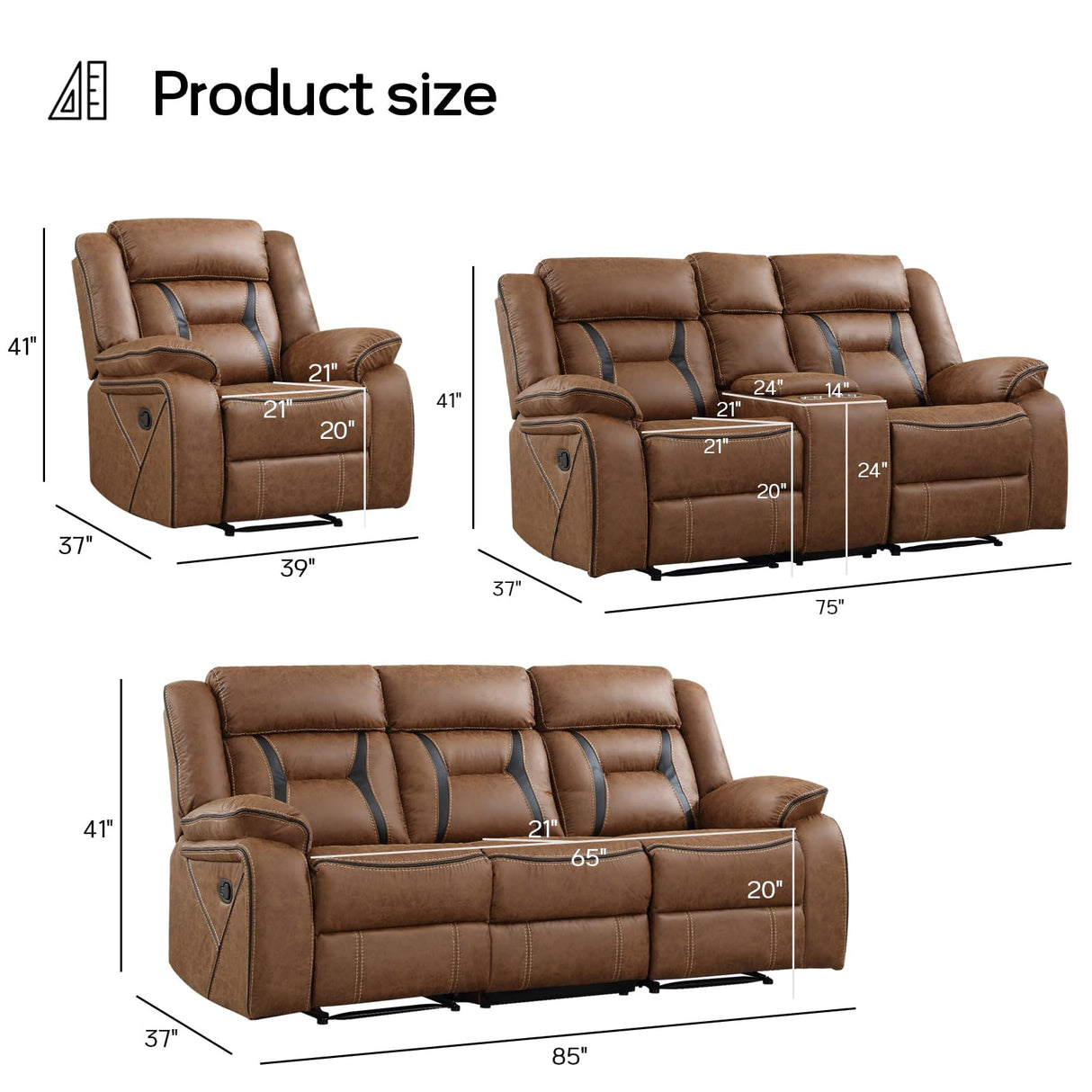 EBELLO Faux Leather Recliner Sofa Furniture Set for Living Room, Recliner Chair, Manual Loveseat, 3 Seat Recliniing Sofa Couch Set for Meeting Room, Brown (Recliner+Loveseat+Sofa) EBELLO
