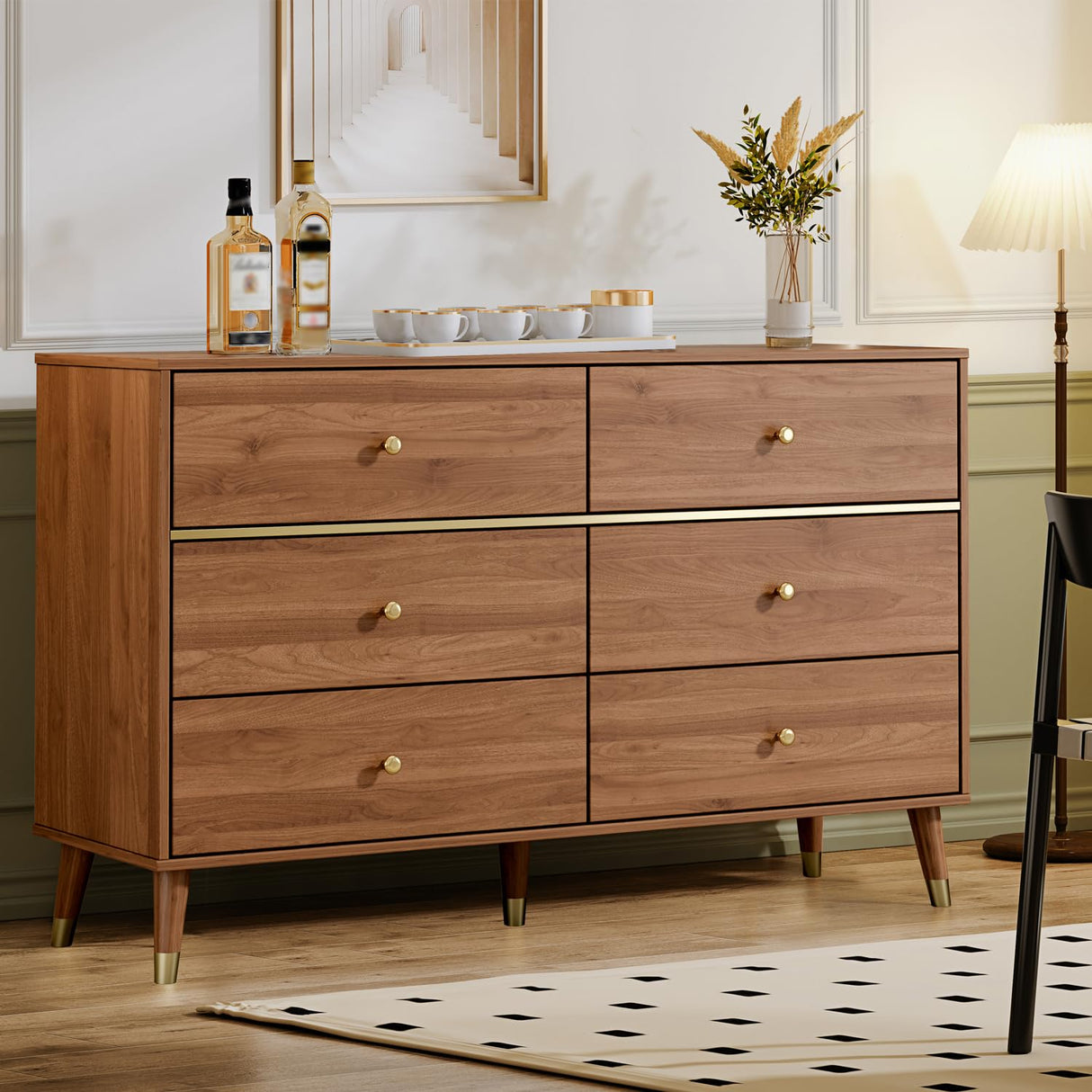 Chrangmay 6 Drawer Dresser,47" Wide Mid Century Chest of Drawers,Wooden Bedroom Drawer Dresser with 6 Storage Drawers for Bedroom,Living Room,with Anti-Tipping Device,Walnut Chrangmay